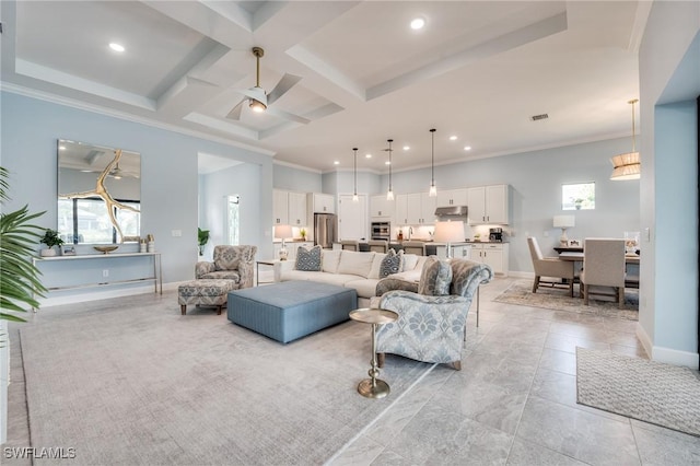 tiled living room featuring coffered ceiling, beam ceiling, ornamental molding, and a high ceiling