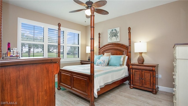 bedroom featuring light wood-type flooring and ceiling fan