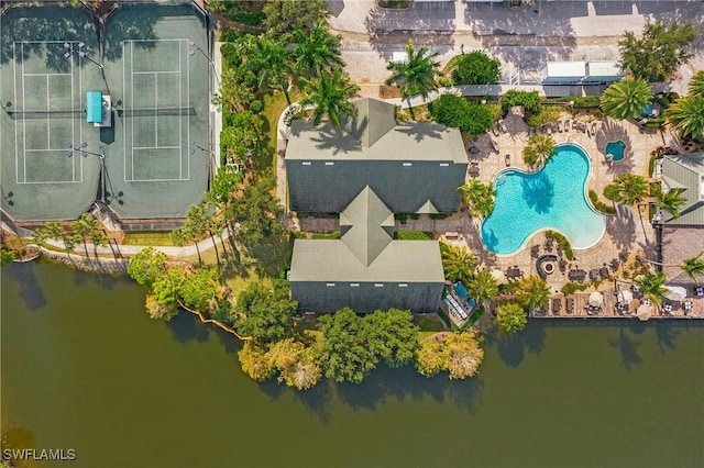 aerial view featuring a water view