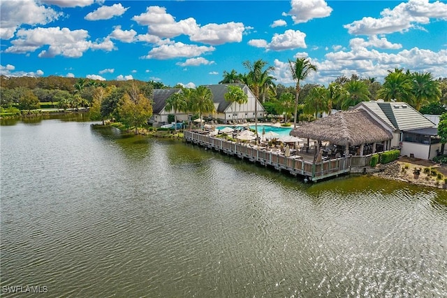 drone / aerial view featuring a water view