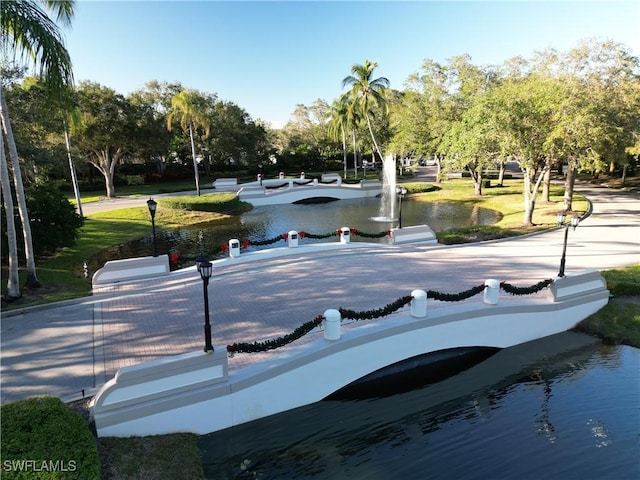 view of community with a water view