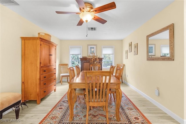 dining room with ceiling fan and light hardwood / wood-style flooring