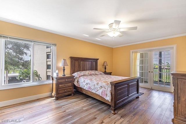 bedroom with ceiling fan, wood-type flooring, ornamental molding, and access to outside