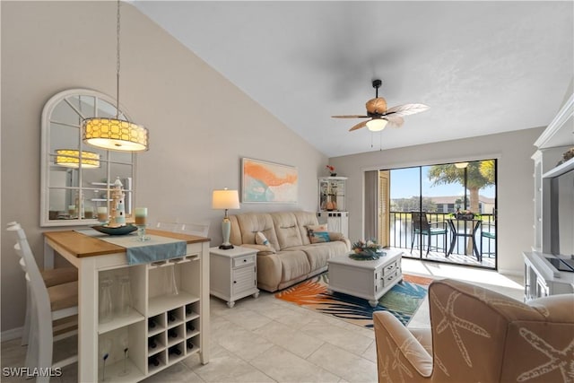 tiled living room with vaulted ceiling and ceiling fan