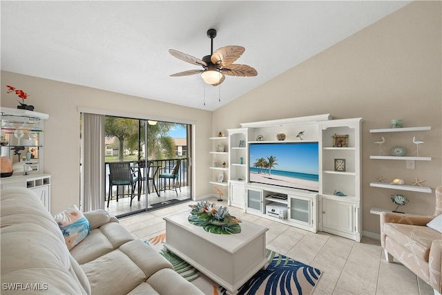 tiled living room with ceiling fan and lofted ceiling