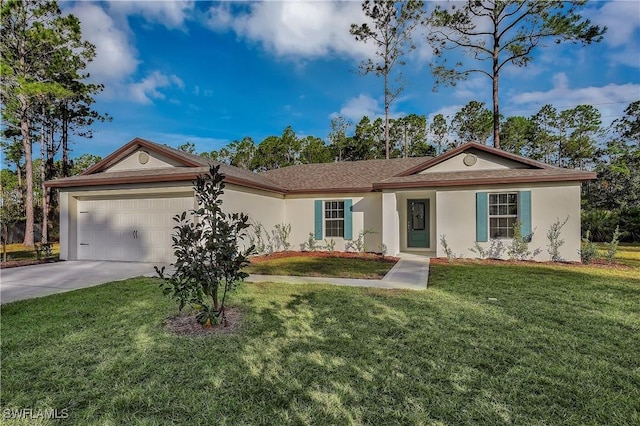 ranch-style house featuring a garage and a front lawn