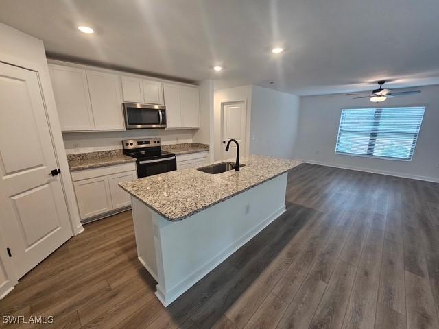 723 Brannen Ave, Lehigh Acres, FL 33974 - kitchen with stainless steel appliances, a sink, white cabinetry, dark wood-type flooring, and recessed lighting