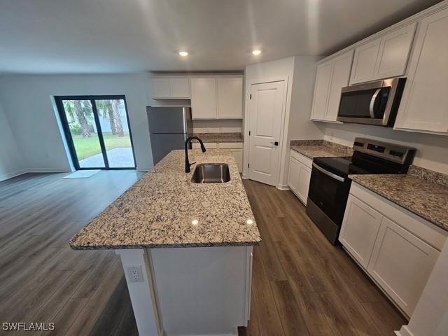 723 Brannen Ave, Lehigh Acres, FL 33974 - kitchen featuring stainless steel appliances, a sink, dark wood-type flooring, white cabinetry, and recessed lighting