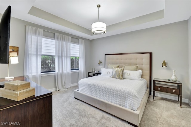 bedroom with light carpet and a raised ceiling