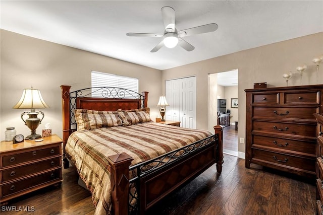 bedroom with dark wood-type flooring, ceiling fan, and a closet