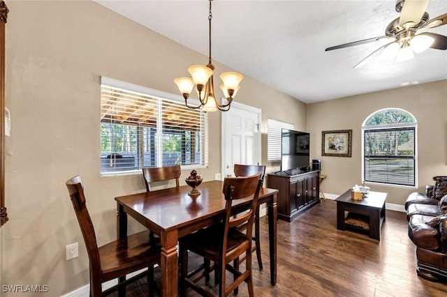 dining room featuring dark hardwood / wood-style flooring, ceiling fan with notable chandelier, and a healthy amount of sunlight