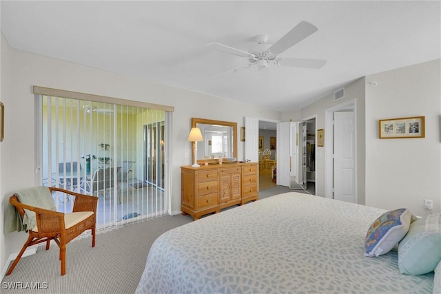 carpeted bedroom with access to exterior and ceiling fan