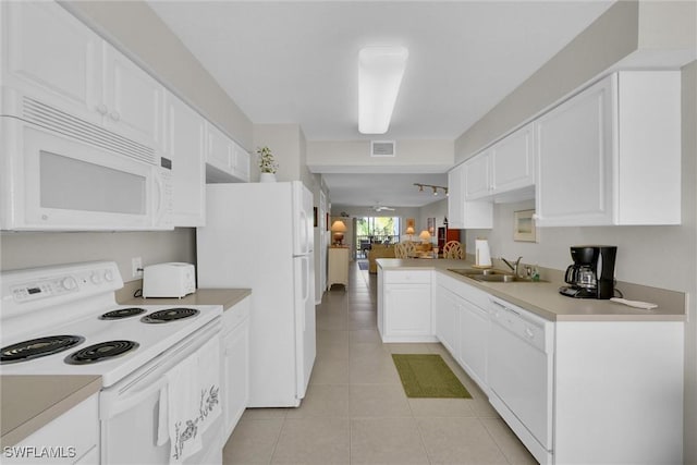 kitchen featuring light tile patterned flooring, sink, white cabinetry, kitchen peninsula, and white appliances