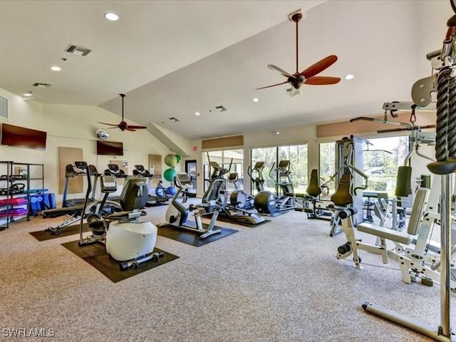 workout area featuring ceiling fan, high vaulted ceiling, and carpet