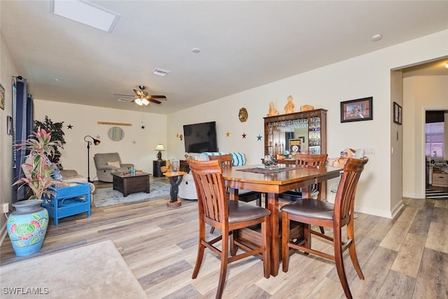 dining room with light hardwood / wood-style floors and ceiling fan