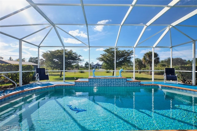 view of pool featuring a yard and glass enclosure