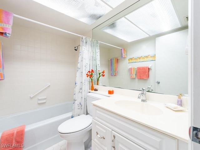 full bathroom featuring vanity, shower / tub combo, and toilet