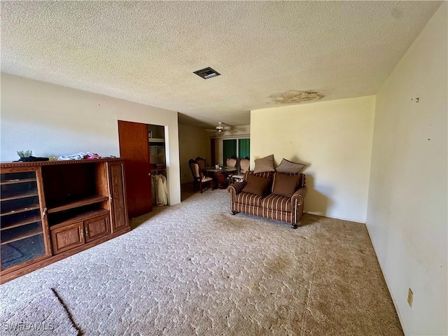 carpeted living room with a textured ceiling