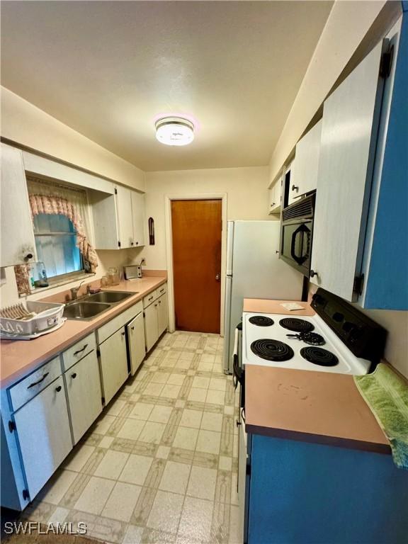 kitchen featuring sink, white cabinets, range with electric stovetop, and white electric range