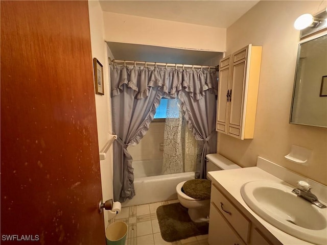 full bathroom with toilet, shower / tub combo, and vanity