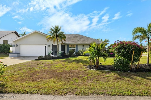 ranch-style home featuring a garage and a front lawn