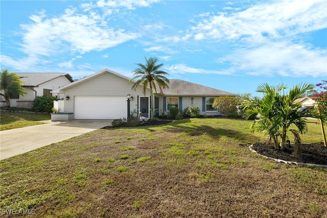 ranch-style home featuring a garage and a front lawn