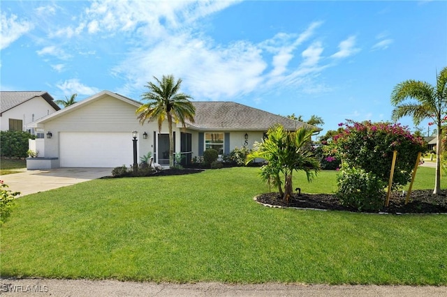 ranch-style house featuring an attached garage, driveway, and a front yard