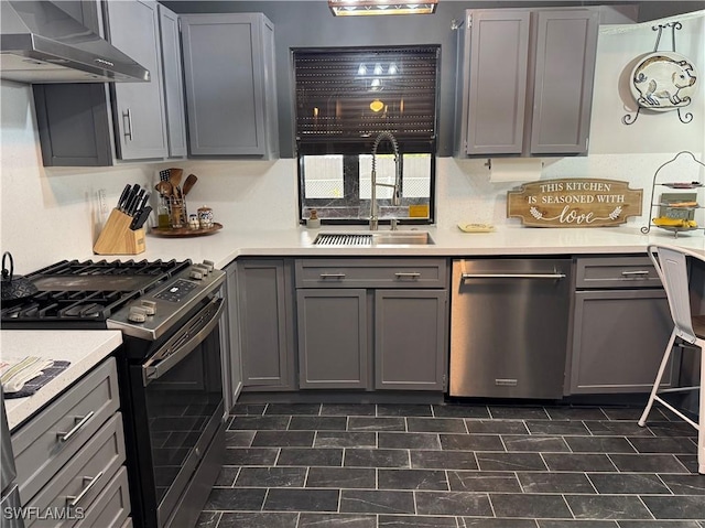 kitchen with range with gas stovetop, sink, gray cabinetry, stainless steel dishwasher, and wall chimney range hood