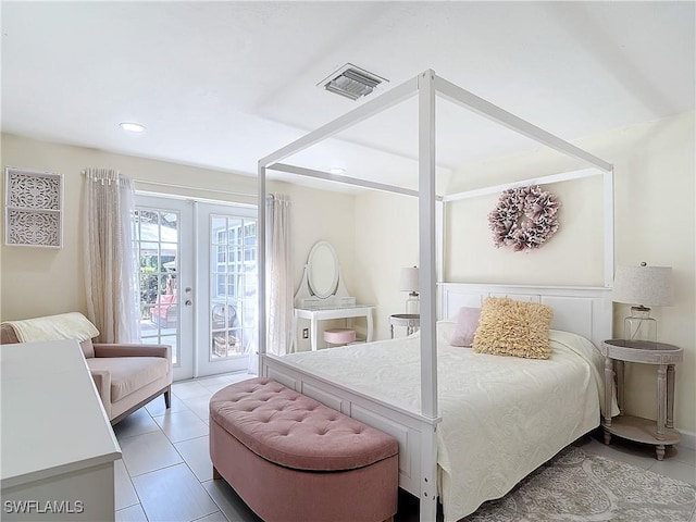 bedroom with light tile patterned flooring, french doors, and access to outside