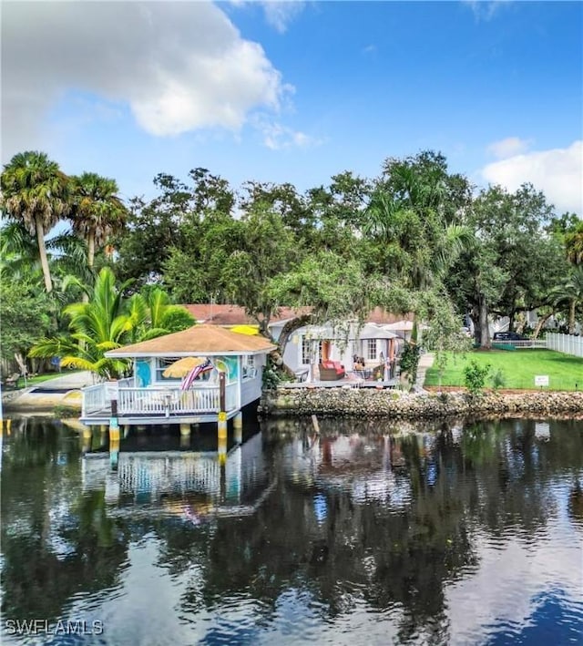 dock area with a water view and a yard