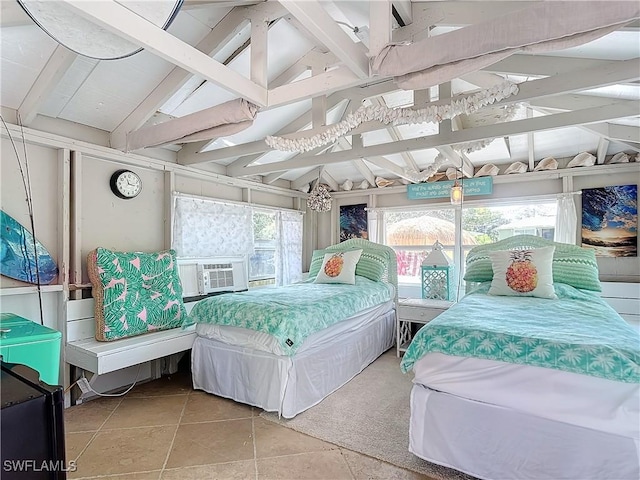 tiled bedroom with vaulted ceiling and cooling unit