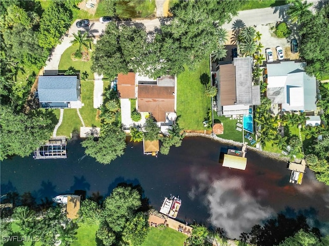 aerial view featuring a water view