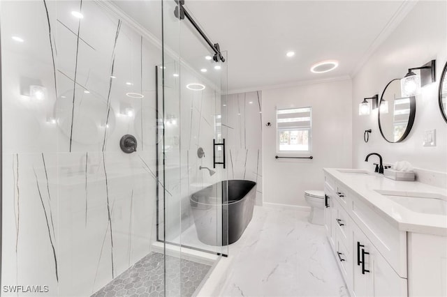 full bathroom with independent shower and bath, toilet, vanity, and ornamental molding