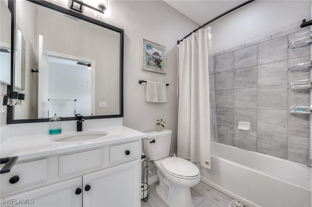 full bathroom with toilet, vanity, and shower / bathtub combination with curtain