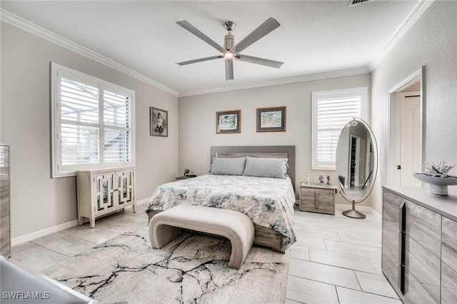 tiled bedroom with crown molding and ceiling fan