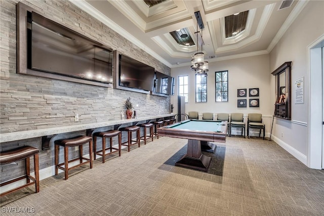 game room with carpet flooring, ornamental molding, coffered ceiling, pool table, and bar area