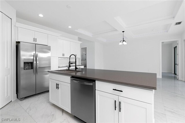 5300 3rd St W, Lehigh Acres, FL 33971 - kitchen with appliances with stainless steel finishes, coffered ceiling, light marble finish floors, recessed lighting, and a sink