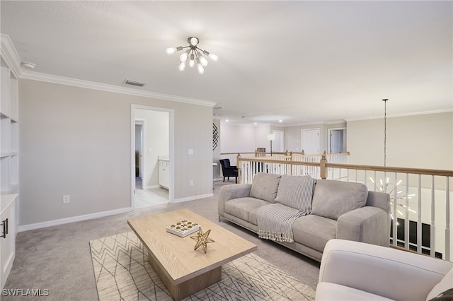 living room with ornamental molding, a chandelier, and light carpet