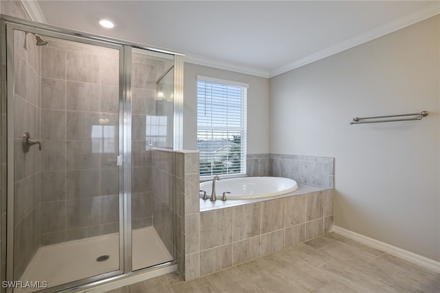 bathroom with tile patterned flooring, shower with separate bathtub, and crown molding