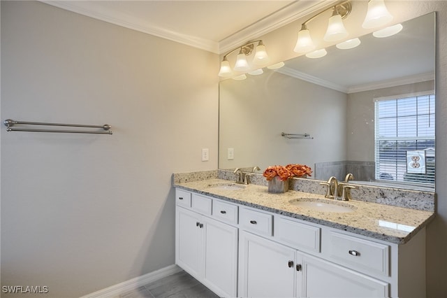 bathroom with vanity, tile patterned floors, and ornamental molding