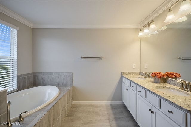 bathroom with vanity, tile patterned flooring, crown molding, and tiled bath