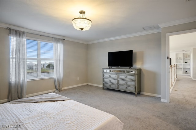 bedroom with light carpet and crown molding