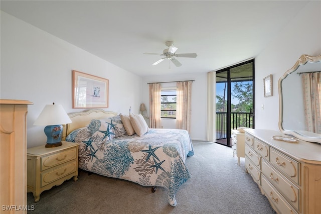 bedroom featuring ceiling fan, access to outside, and light carpet