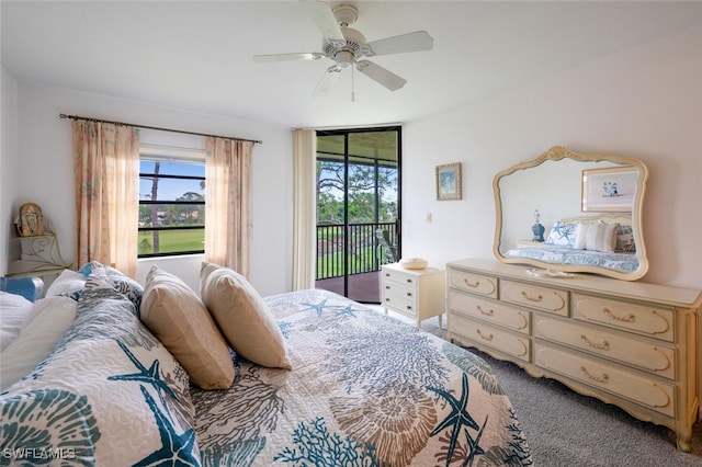 bedroom with access to exterior, carpet, and ceiling fan