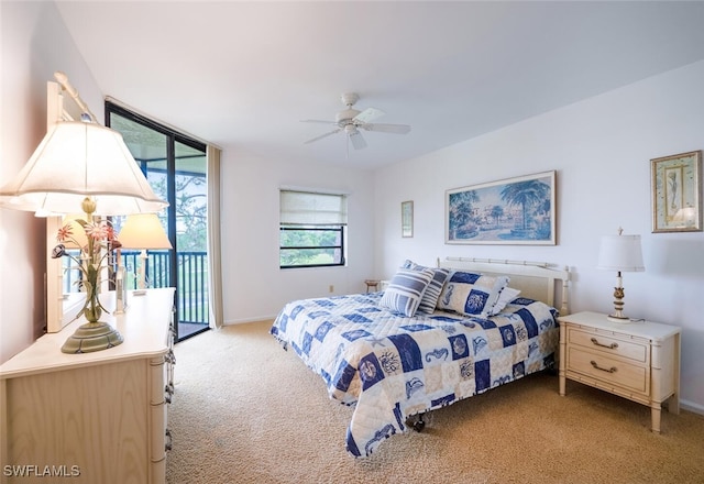 bedroom with access to exterior, ceiling fan, and light carpet