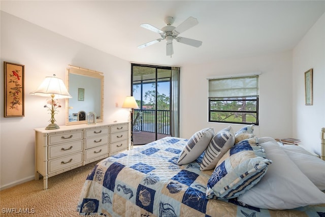 bedroom with ceiling fan, access to exterior, and light carpet