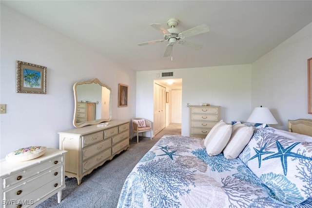 carpeted bedroom featuring ceiling fan