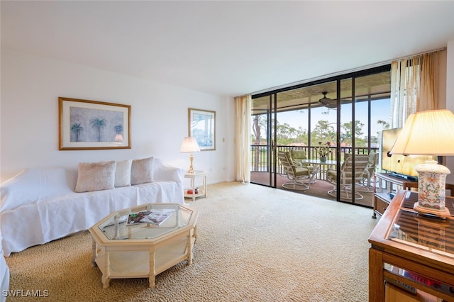 carpeted living room featuring a wall of windows