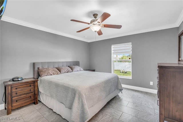 bedroom featuring ceiling fan and crown molding