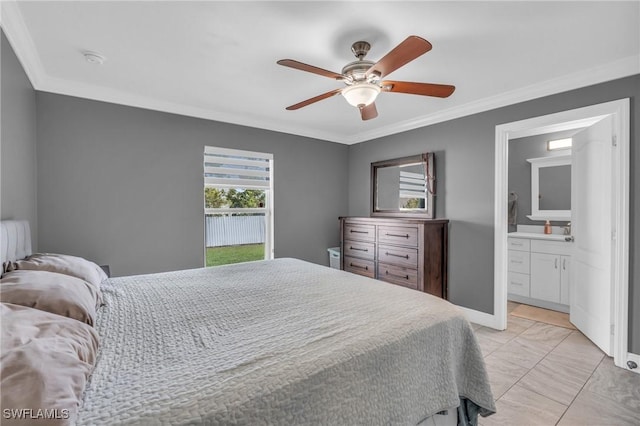 bedroom featuring ensuite bathroom, ceiling fan, and ornamental molding